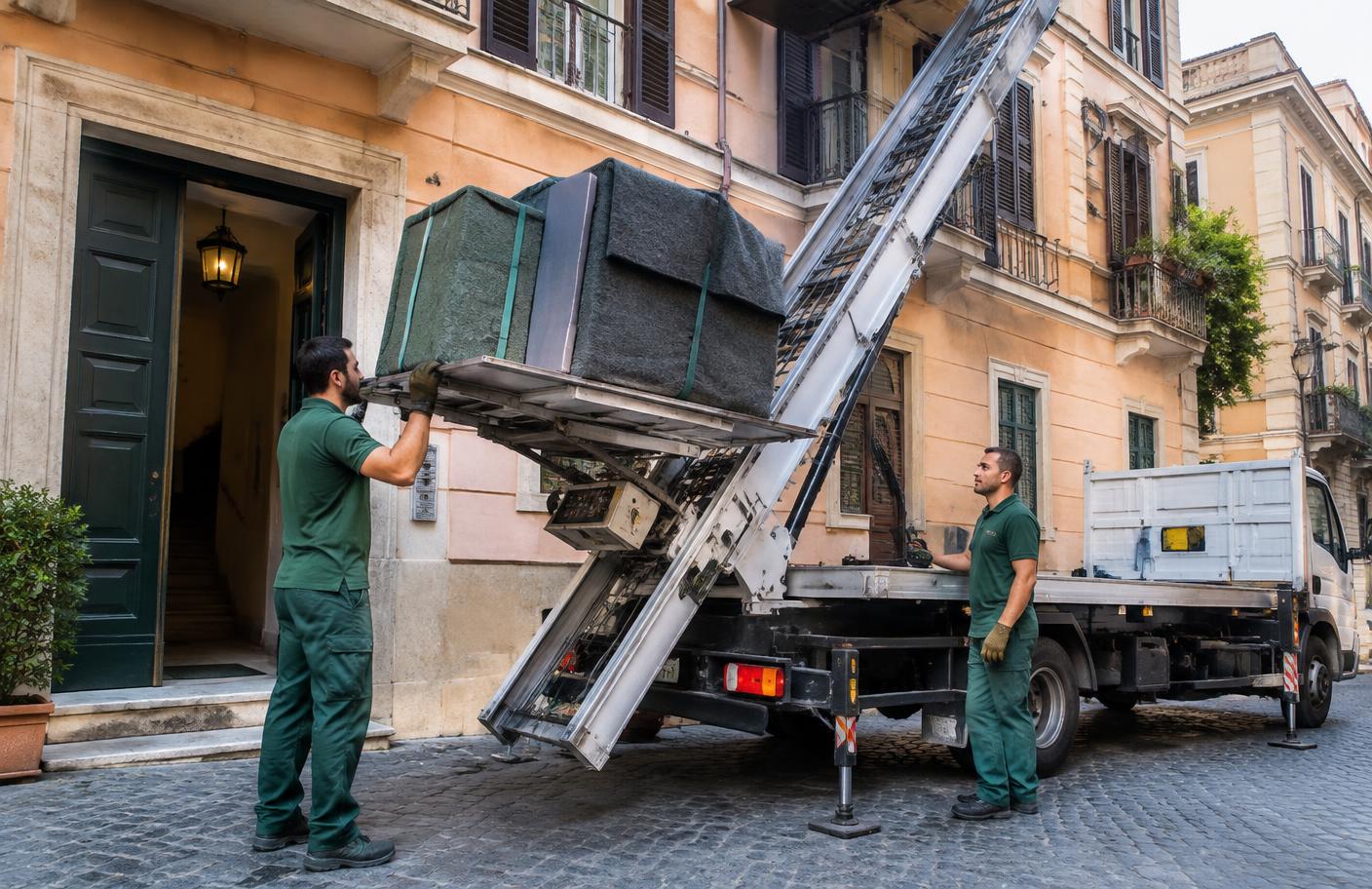Autoscala per trasloco davanti a un palazzo di Roma