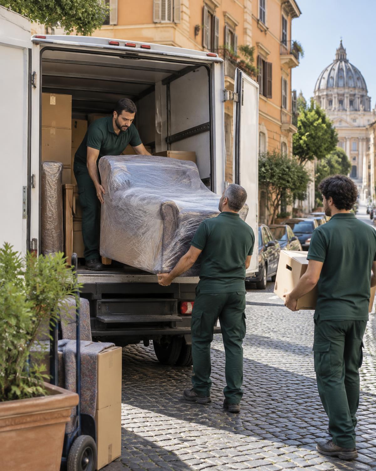 Squadra di traslocatori carica un mobile protetto su un furgone a Roma
